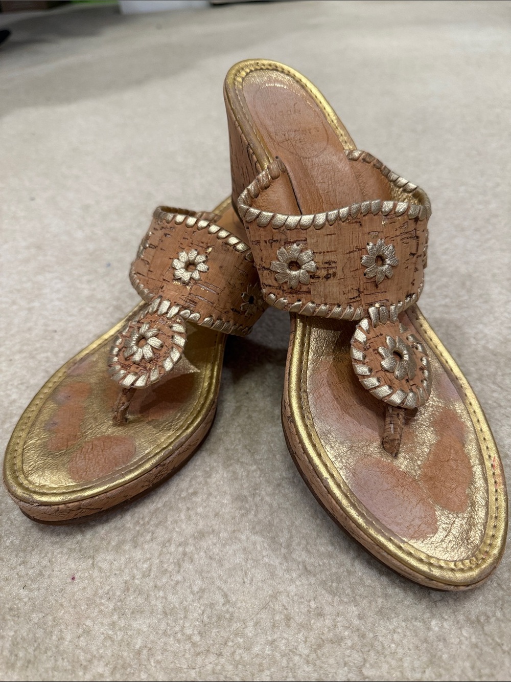 Jack Rogers Tan and Gold Wedge Toe-Post Sandals
